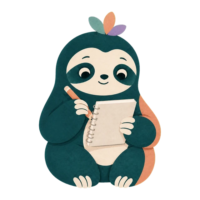 The Let It Out sloth writing in a notebook